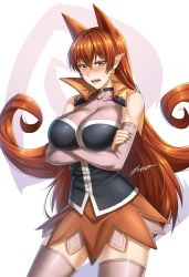 Rule 34 | 1girl, animal ears, artist name, azazel ameri, blush, breasts, crossed arms, demon girl, extra ears, large breasts, long hair, looking at viewer, mairimashita! iruma-kun, nail polish, open mouth, orange eyes, pink thighhighs, pointy ears, red nails, solo, standing, teeth, thighhighs, tsundere, very long hair, white background, zettai ryouiki, zxpfer