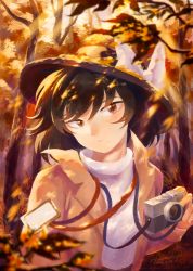 Rule 34 | 1girl, autumn, black hat, bow, brown eyes, brown hair, brown jacket, camera, closed mouth, commentary request, cookie (touhou), expressionless, forest, hat, hat bow, highres, holding, holding camera, hotaru kago, jacket, jiko mujun, lanyard, looking at viewer, mole, mole under mouth, nature, osmanthus, shirt, short hair, solo, touhou, tree, upper body, usami renko, white bow, white shirt