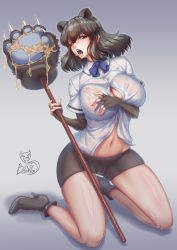 Rule 34 | 1girl, animal ears, arm under breasts, bare legs, bear ears, bear girl, paw stick, bike shorts, black footwear, black gloves, black hair, black shorts, blackmoon, blue bow, bow, bowtie, breast lift, breasts, brown bear (kemono friends), brown eyes, buttons, cameltoe, center opening, cleavage, cleft of venus, collared shirt, dated, dripping, elbow gloves, extra ears, fingerless gloves, fingernails, floating hair, food, food on clothes, full body, gloves, grey hair, hair between eyes, half-closed eyes, hands up, high heels, highres, holding, holding weapon, honey, huge breasts, kemono friends, kneeling, long fingernails, looking at viewer, medium hair, multicolored hair, navel, no bra, open mouth, partially unbuttoned, see-through, shiny skin, shirt, short shorts, short sleeves, shorts, sidelocks, signature, skindentation, solo, stomach, two-tone hair, unaligned breasts, weapon, wet, wet clothes, white shirt, wing collar