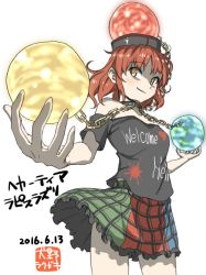 Rule 34 | 1girl, chain, character name, clothes writing, collar, cowboy shot, dated, earth (ornament), hecatia lapislazuli, inuno rakugaki, miniskirt, moon (ornament), off shoulder, plaid, plaid skirt, red eyes, red hair, skirt, solo, touhou, white background