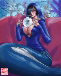 Rule 34 | 1boy, 1girl, black hair, blue eyes, blue shirt, cleavage cutout, breasts, fortune lady, hair over one eye, highres, large breasts, lipstick, madame shirley, makeup, mermaid, monkey d. luffy, monster girl, ocean, one piece, orb, smoking pipe, shirt, short hair, sitting, smoke, smoking, submerged, underwater