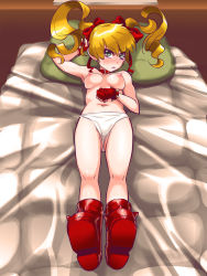 Rule 34 | 1girl, ankle boots, bed, blonde hair, blue eyes, blush, boots, bow, breasts, collar, effie (street fighter), fingerless gloves, full-face blush, gloves, hair bow, long hair, looking at viewer, nipples, on bed, osamu yagi, panties, pillow, red gloves, ribbon, solo, spikes, street fighter, street fighter iii (series), sweatdrop, topless, twintails, underwear, white panties