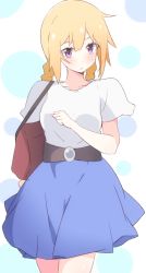 Rule 34 | 1girl, bag, blonde hair, blue skirt, blush, braid, breasts, closed mouth, cowboy shot, enelis, eyebrows hidden by hair, freckles, hair between eyes, hand up, long hair, looking away, looking to the side, low twintails, original, purple eyes, shirt, short sleeves, shoulder bag, simple background, skirt, small breasts, solo, standing, twin braids, twintails, white background, white shirt