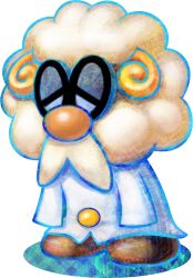 Rule 34 | 1boy, artist request, big nose, black-framed eyewear, blue outline, brown footwear, buttons, coat, dr. snoozemore, facial hair, full body, furry, furry male, glasses, highres, horns, lab coat, long sleeves, looking ahead, male focus, mario &amp; luigi: dream team, mario &amp; luigi rpg, mario (series), mustache, nintendo, official art, old, old man, outline, round eyewear, sheep boy, sheep horns, shoes, sleeves past fingers, sleeves past wrists, solo, tile floor, tiles, transparent background, white coat, white sleeves, yellow horns