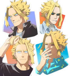 Rule 34 | 1boy, all might, artist name, black jacket, black sclera, black shirt, blonde hair, blood, blood from mouth, blue eyes, boku no hero academia, closed mouth, colored sclera, cropped shirt, hand up, highres, jacket, male focus, official alternate costume, open clothes, open jacket, pajamas, parted bangs, shirt, short hair, star (symbol), trevo (trevoshere), white background, yagi toshinori