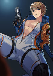 Rule 34 | 1girl, absurdres, animification, apex legends, b3 wingman, blonde hair, blue background, breasts, breasts apart, catsuit, commentary request, gun, handgun, highres, holding, holding gun, holding weapon, kagematsuri, knee pads, large breasts, looking at viewer, navel, no bra, parted lips, pistol, scar, scar on face, short hair, solo, wattson (apex legends), weapon