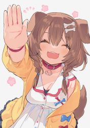 Rule 34 | 1girl, animal collar, animal ears, arm up, black shirt, blue bow, bone hair ornament, bow, braid, breasts, brown hair, buttons, cartoon bone, cleavage, closed eyes, collar, commentary, dog ears, dog girl, dog tail, dress, flower (symbol), hair ornament, hairclip, high five, highres, hololive, inugami korone, inugami korone (1st costume), jacket, medium breasts, open mouth, red bow, red collar, shirt, short hair, sidelocks, smile, solo, tail, teeth, twin braids, undershirt, upper body, upper teeth only, virtual youtuber, white dress, wristband, yellow jacket, zuho (vega)