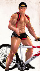 Rule 34 | 1boy, abs, artisticjinsky, backpack, backwards hat, bag, bare legs, baseball cap, bicycle, black hat, black shorts, blonde hair, blush, bulge, collarbone, dark-skinned male, dark skin, grin, hat, highres, looking at viewer, male focus, muscular, muscular male, navel, nipples, original, outstretched hand, pectorals, riding, riding bicycle, shiny skin, shoes, short hair, short shorts, shorts, smile, solo, standing, topless male, under armour