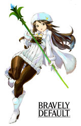 Rule 34 | agnes oblige, boots, bravely default (series), breasts, brown hair, cape, character request, commentary, dress, english commentary, gluteal fold, hat, high heel boots, high heels, highres, holding, holding staff, lips, logo, long hair, looking at viewer, medium breasts, pantyhose, pom pom (clothes), staff, sweater, sweater dress, thigh gap, tim (a9243190a), white cape, white dress, white footwear, white headwear