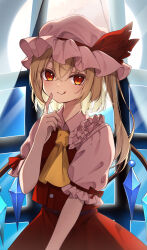 Rule 34 | 1girl, ascot, blonde hair, blush, closed mouth, crystal, flandre scarlet, frilled sleeves, frills, hair between eyes, hat, highres, long hair, looking at viewer, mob cap, one side up, red eyes, red skirt, red vest, shirt, short sleeves, skirt, smile, solo, tongue, tongue out, touhou, vest, white hat, white shirt, wings, yellow ascot, yuineko