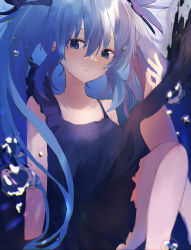 Rule 34 | 1girl, absurdres, air bubble, bare arms, bare shoulders, blue dress, blue eyes, blue hair, blurry, blurry foreground, bubble, closed mouth, collarbone, commentary request, depth of field, dress, eyebrows hidden by hair, feet out of frame, hair between eyes, hand up, hatsune miku, highres, knees up, looking at viewer, poono, sitting, sleeveless, sleeveless dress, solo, twintails, underwater, vocaloid, water