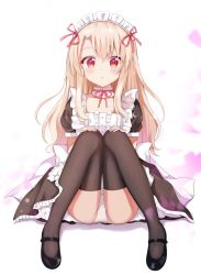 Rule 34 | 1girl, :o, alternate costume, apron, black footwear, black thighhighs, blush, brown dress, center frills, commentary, dress, enmaided, fate/kaleid liner prisma illya, fate (series), frilled apron, frilled dress, frills, full body, hair between eyes, highres, illyasviel von einzbern, knees together feet apart, knees up, light brown hair, long hair, looking at viewer, maid, maid headdress, md5 mismatch, nasii, neck ribbon, panties, parted lips, petals, pink ribbon, puffy short sleeves, puffy sleeves, red eyes, resolution mismatch, revision, ribbon, shoes, short sleeves, sitting, solo, source smaller, thighhighs, underwear, very long hair, white apron, white background, white panties