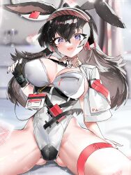 Rule 34 | 1girl, :p, absurdres, animal ears, april (arknights), arknights, bed sheet, black gloves, black hair, blush, bracelet, breasts, capelet, cleavage, fingerless gloves, gloves, hairband, highres, id card, indoors, infection monitor (arknights), jewelry, large breasts, leotard, light particles, long hair, looking at viewer, on bed, playboy bunny, purple eyes, rabbit ears, red hairband, sitting, smile, solo, spread legs, strapless, strapless leotard, tekona0, thigh strap, tongue, tongue out, very long hair, white capelet, white leotard