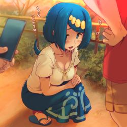 Rule 34 | 1girl, 2boys, blue eyes, blue footwear, blue hair, blue skirt, blush, breasts, cleavage, collarbone, commentary request, creatures (company), ero kaeru, fence, game freak, grass, holding, holding phone, lana&#039;s mother (pokemon), long hair, mature female, multiple boys, nintendo, no sclera, open mouth, outdoors, own hands together, phone, pokemon, pokemon (anime), pokemon sm (anime), sandals, shirt, short sleeves, skirt, smile, solo, squatting, sweatdrop, toes, tongue, translation request
