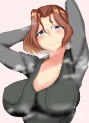 Rule 34 | 1girl, arms behind head, azumi (girls und panzer), blue eyes, blush, breasts, brown hair, cleavage, girls und panzer, highres, iwanishi, jacket, large breasts, looking at viewer, no shirt, selection university military uniform, short hair, solo, steaming body, sweat