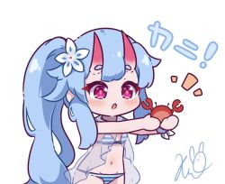 Rule 34 | 1girl, animal, bikini, bikini under clothes, blue archive, blue hair, breasts, chibi, chise (blue archive), chise (swimsuit) (blue archive), commentary, crab, groin, holding, holding animal, horns, kurotofu, long hair, navel, notice lines, oni, oni horns, parted lips, purple eyes, see-through, short eyebrows, side ponytail, sidelocks, signature, small breasts, solo, standing, striped bikini, striped clothes, swimsuit, symbol-only commentary, thick eyebrows, translation request, very long hair