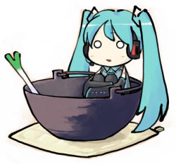 Rule 34 | 1girl, aqua hair, bowl, chibi, hachune miku, hatsune miku, in bowl, in container, hugging own legs, long hair, lowres, o o, solo, spring onion, thighhighs, transient, twintails, very long hair, vocaloid