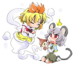 Rule 34 | 2girls, animal ears, bishamonten&#039;s pagoda, black hair, blonde hair, capelet, closed eyes, genie, ghost tail, grey hair, hair ornament, mouse ears, mouse tail, multicolored hair, multiple girls, nazrin, open mouth, red eyes, shinapuu, short hair, simple background, smile, tail, toramaru shou, touhou, two-tone hair