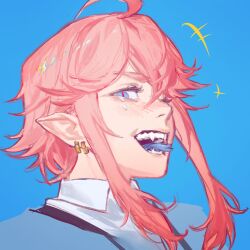 Rule 34 | +++, :d, ahoge, blue background, blue eyes, blue tongue, blush, collared shirt, colored tongue, earrings, forked tongue, heki (keibleh), highres, jewelry, keibleh, looking at viewer, open mouth, original, pink hair, pointy ears, shirt, sidelocks, simple background, smile, suspenders, tears, tongue, tongue out, white shirt, wing collar