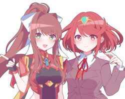 Rule 34 | 2girls, black gloves, blazer, bow, breasts, brown hair, chest jewel, cosplay, costume switch, crossover, doki doki literature club, earrings, female focus, fingerless gloves, gem, gloves, green eyes, highres, jacket, jewelry, kotohatoko510, large breasts, long hair, medium breasts, monika (doki doki literature club), multiple girls, ponytail, pyra (xenoblade), pyra (xenoblade) (cosplay), red eyes, red hair, school uniform, short hair, simple background, swept bangs, tiara, white background, white bow, xenoblade chronicles (series), xenoblade chronicles 2