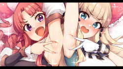 Rule 34 | 2girls, akino (princess connect!), arm up, armpits, black bow, blonde hair, blunt bangs, blush, bow, breasts, elf, hair bow, highres, large breasts, long hair, looking at viewer, multiple girls, open mouth, pointy ears, ponytail, presenting armpit, princess connect!, purple hair, red eyes, saren (princess connect!), sian, sidelocks, smile, sparkle, spread armpit