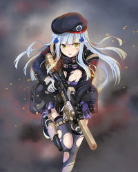 Rule 34 | 1girl, assault rifle, beret, black thighhighs, blunt bangs, blush, breasts, clothes writing, damaged, facial mark, finger on trigger, girls&#039; frontline, gloves, goggles, goggles around neck, green eyes, gun, h&amp;k hk416, hair ornament, hat, highres, hk416 (girls&#039; frontline), holding, holding gun, holding weapon, ivuki, jacket, large breasts, leg up, light particles, long hair, looking at viewer, military jacket, open mouth, plaid, plaid skirt, rifle, running, shoes, signature, silver hair, skirt, sneakers, solo, teardrop, thighhighs, torn clothes, torn thighhighs, very long hair, weapon
