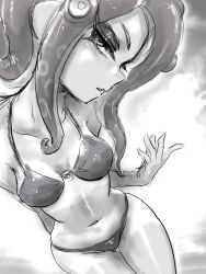 Rule 34 | 1girl, arm behind back, bikini, breasts, cleavage, collarbone, eyelashes, koharu2.5, long hair, medium breasts, midriff, monochrome, navel, nintendo, o-ring, o-ring bikini, o-ring top, octoling, octoling girl, octoling player character, parted lips, solo, splatoon (series), suction cups, swimsuit, tentacle hair, thigh gap