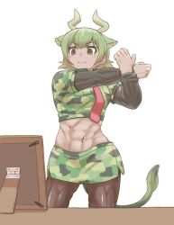 Rule 34 | &gt;:), 0x0082, 1girl, abs, animal ears, arm up, aurochs (kemono friends), breast pocket, brown eyes, brown hair, brown pantyhose, camouflage, camouflage shirt, camouflage skirt, closed mouth, collared shirt, cow ears, cow girl, cow horns, cow tail, cowboy shot, cropped shirt, dark-skinned female, dark skin, empty eyes, extra ears, green hair, hand up, horizontal pupils, horns, kemono friends, layered sleeves, long sleeves, looking at object, medium hair, microskirt, midriff, multicolored hair, muscular, muscular female, navel, necktie, outstretched arm, pantyhose, picture frame, pocket, red necktie, shirt, short over long sleeves, short sleeves, simple background, skirt, smile, solo, stomach, stretching, tail, twisted torso, v-shaped eyebrows, white background, wing collar