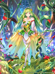 Rule 34 | 1girl, artist name, breasts, cleavage, dress, elementra, fantasy, fingerless gloves, flower, forest, full body, gloves, grass, green dress, green footwear, green hair, hair flower, hair ornament, hand up, jewelry, long hair, looking at viewer, medium breasts, nature, necklace, official art, outdoors, petals, plant, red eyes, standing, sysen, thighhighs, very long hair, vines, watermark, white gloves, white thighhighs