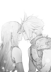 1boy 1girl armor bare_shoulders blush breasts closed_eyes cloud_strife commentary couple earrings elbow_gloves facing_another final_fantasy final_fantasy_vii final_fantasy_vii_rebirth final_fantasy_vii_remake from_side gloves greyscale highres imminent_kiss jewelry large_breasts light_particles long_hair monochrome ninnin5tora profile ribbed_sweater short_hair shoulder_armor single_sidelock sleeveless sleeveless_turtleneck spiked_hair stud_earrings suspenders sweater symbol-only_commentary tank_top tifa_lockhart turtleneck turtleneck_sweater upper_body white_background