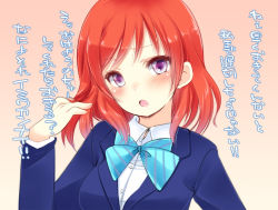 Rule 34 | 10s, 1girl, blazer, blue bow, blush, bow, bowtie, buttons, fujisaki hikari, gradient background, twirling hair, jacket, looking at viewer, love live!, love live! school idol project, nishikino maki, open mouth, playing with own hair, purple eyes, red hair, school uniform, shirt, short hair, solo, translated, white shirt