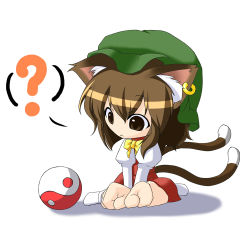 Rule 34 | 1girl, ?, animal ears, ball, bow, brown hair, cat ears, cat girl, cat tail, chen, chibi, earrings, female focus, hat, jewelry, kyuu you, multiple tails, short hair, skirt, solo, tail, touhou, white background, yin yang