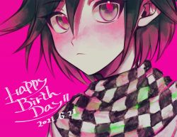 Rule 34 | 1boy, :&lt;, bbjj 927, black hair, blush, checkered clothes, checkered neckwear, checkered scarf, closed mouth, commentary request, danganronpa (series), danganronpa v3: killing harmony, dated, happy birthday, highres, jacket, looking at viewer, male focus, oma kokichi, pink background, pink eyes, pink hair, portrait, scarf, short hair, solo, upper body