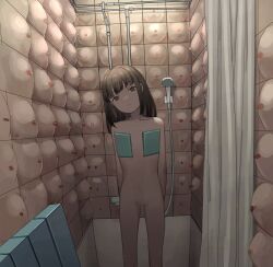 Rule 34 | 1girl, arms behind back, breasts, brown eyes, brown hair, closed mouth, collarbone, completely nude, curtains, dot nose, head tilt, large breasts, looking at viewer, medium hair, navel, nude, original, shower (place), shower head, solo, standing, surreal, tensen (dotted line), tiles, too many, what