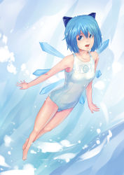 Rule 34 | circled 9, 1girl, barefoot, blue eyes, blue hair, bow, cirno, hair bow, highres, ice, ice wings, matching hair/eyes, naoki yukira, one-piece swimsuit, school swimsuit, short hair, solo, swimsuit, touhou, white one-piece swimsuit, wings