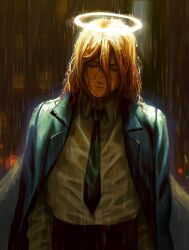 Rule 34 | 1boy, angel devil (chainsaw man), black eyes, brown hair, brown pants, brown shirt, building, chainsaw man, closed mouth, collared jacket, collared shirt, devin elle kurtz, formal, green jacket, green necktie, hair between eyes, halo, highres, jacket, light, lips, long sleeves, looking down, male focus, medium hair, necktie, open clothes, open jacket, outdoors, pants, rain, shirt, skyscraper, solo, standing, suit, wet, window