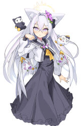 Rule 34 | 1girl, absurdres, animal ear fluff, animal ears, azusa (blue archive), blue archive, blush, closed mouth, dress, flower, grey hair, hair between eyes, hair flower, hair ornament, halo, highres, long hair, long sleeves, looking at viewer, low wings, migu (iws2525), peroro (blue archive), purple eyes, purple flower, simple background, solo, stuffed toy, very long hair, white background, white wings, wing ornament, wings