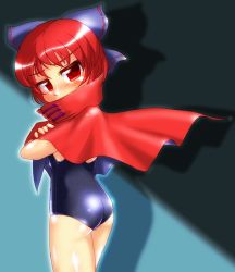 Rule 34 | 1girl, ass, bow, cape, hair bow, hair ornament, looking at viewer, one-piece swimsuit, red eyes, red hair, school swimsuit, sekibanki, shadow, short hair, solo, swimsuit, touhou, winn