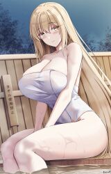 Rule 34 | 1girl, absurdres, alternate hairstyle, artist name, blonde hair, blush, borrowed character, breasts, cleavage, closed mouth, collarbone, covered navel, highres, keenh, large breasts, long hair, looking at viewer, naked towel, onsen, original, outdoors, satou mayumi (rc f), sitting, smile, soaking feet, solo, steam, thighs, towel, water, wet, wooden wall, yellow eyes