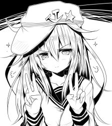 Rule 34 | 10s, 1girl, puff of air, ai takurou, blush, buttons, closed mouth, collarbone, double v, eyebrows, flat cap, greyscale, hair between eyes, hammer and sickle, hat, hibiki (kancolle), kantai collection, long hair, long sleeves, looking at viewer, monochrome, school uniform, serafuku, sidelocks, sketch, smile, solo, sparkle, star (symbol), two-tone background, upper body, v, verniy (kancolle)