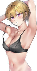 Rule 34 | 1girl, absurdres, armpits, arms up, black bra, blonde hair, blush, bra, breasts, cleavage, clenched hand, ear piercing, highres, idolmaster, idolmaster shiny colors, looking at viewer, medium breasts, navel, piercing, pol winner, purple eyes, saijo juri, short hair, simple background, solo, underwear, upper body, white background