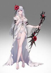 Rule 34 | 1girl, babydoll, barefoot, black bow, black nails, bow, breasts, chinese commentary, cleavage, closed mouth, commentary request, coquelic (path to nowhere), flower, full body, gradient background, grey background, grey hair, hair flower, hair ornament, highres, holding, holding sword, holding weapon, long hair, looking at viewer, medium breasts, miix777, panties, path to nowhere, red eyes, red flower, solo, sword, thigh strap, underwear, weapon, white babydoll, white background, white panties