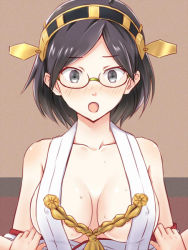 Rule 34 | 10s, 1girl, :o, adapted costume, bad id, bad pixiv id, bare shoulders, black eyes, black hair, blush, breasts, glasses, kanden sky, kantai collection, kirishima (kancolle), open mouth, short hair, solo focus