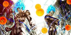 Rule 34 | 2boys, blue eyes, blue hair, clenched hands, crossed arms, dougi, dragon ball, dragon ball (object), dragonball z, fighting stance, glowing, glowing eyes, glowing hair, highres, larry d warren jr., male focus, multiple boys, son goku, super saiyan, super saiyan blue, super saiyan god, super saiyan god ss, vegeta