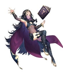 Rule 34 | 1girl, black hair, black nails, bodystocking, book, bracelet, breasts, cape, facial mark, feet, female focus, fingernails, fire emblem, fire emblem fates, fire emblem heroes, forehead mark, highres, jewelry, kousei horiguchi, long hair, mouth veil, nail polish, navel, nintendo, nyx (fire emblem), official art, red eyes, see-through, simple background, small breasts, solo, thighhighs, tiara, toeless footwear, toenail polish, toenails, toes, transparent background, veil