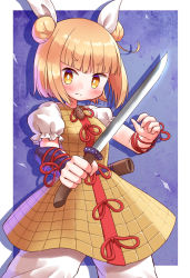 Rule 34 | 1girl, arinu, arm ribbon, armor, blonde hair, blush, commentary, cowboy shot, double bun, dress, fighting stance, hair ribbon, haniwa (statue), highres, holding, holding sword, holding weapon, joutouguu mayumi, looking at viewer, puffy short sleeves, puffy sleeves, ribbon, serious, sheath, short sleeves, short sword, solo, sword, thick eyebrows, touhou, vambraces, weapon, white ribbon, yellow eyes
