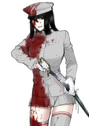 Rule 34 | 10s, 1girl, akitsu maru (kancolle), black eyes, black hair, blood, blood on clothes, blood on face, cowboy shot, grey thighhighs, hat, kantai collection, looking at viewer, military, military uniform, sheath, short hair, shoukaki (earthean), simple background, skirt, solo, sword, thighhighs, uniform, unsheathing, weapon, white background, zettai ryouiki