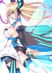 Rule 34 | 1girl, azure striker gunvolt, bare shoulders, blonde hair, breasts, butterfly hair ornament, butterfly wings, cleavage, detached sleeves, hair ornament, haruno shuu, insect wings, large breasts, long hair, lumen (gunvolt), multicolored hair, open mouth, purple hair, shishigomi, solo, thighhighs, two-tone hair, wide sleeves, wings