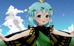 Rule 34 | 1girl, antennae, aqua hair, bad id, bad pixiv id, blush, butterfly wings, day, dress, eternity larva, fairy, green dress, hair between eyes, insect wings, leaf, leaf on head, looking at viewer, multicolored clothes, multicolored dress, open mouth, outstretched arms, poco (zdrq3), short hair, single strap, smile, solo, spread arms, touhou, upper body, wings, yellow eyes