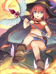 Rule 34 | 1girl, bad id, bad pixiv id, blue eyes, braid, broom, fire, from below, full body, hat, highres, holding, long hair, looking at viewer, low ponytail, magical girl, miya (tokumei), navel, no socks, open mouth, original, red hair, riding, single braid, solo, staff, tail, wind, witch hat
